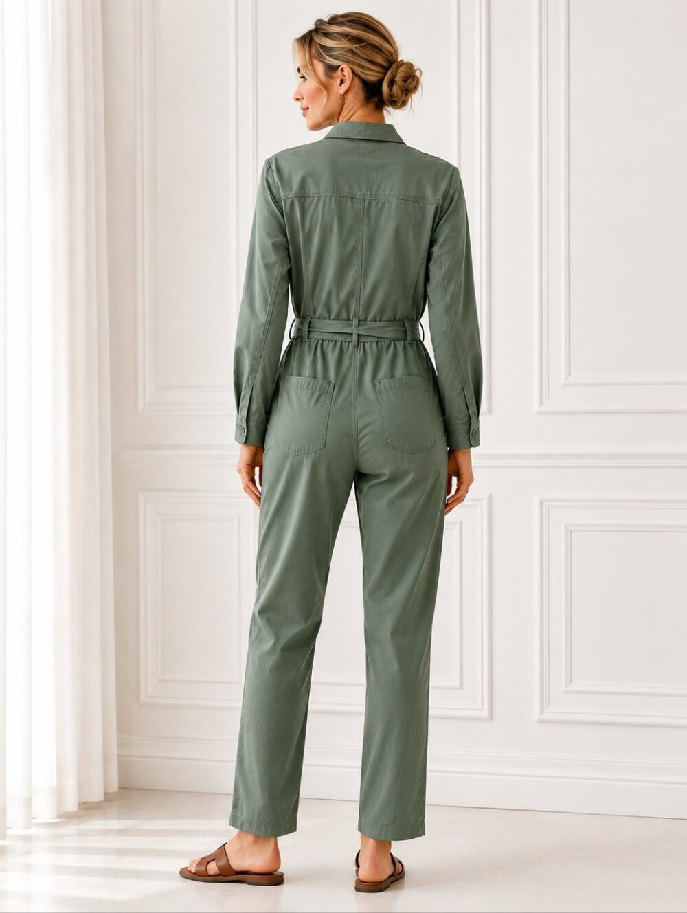 Style & Co Olive Green Utility Jumpsuit Belted Long Sleeve Size 8 - Picture 2 of 8
